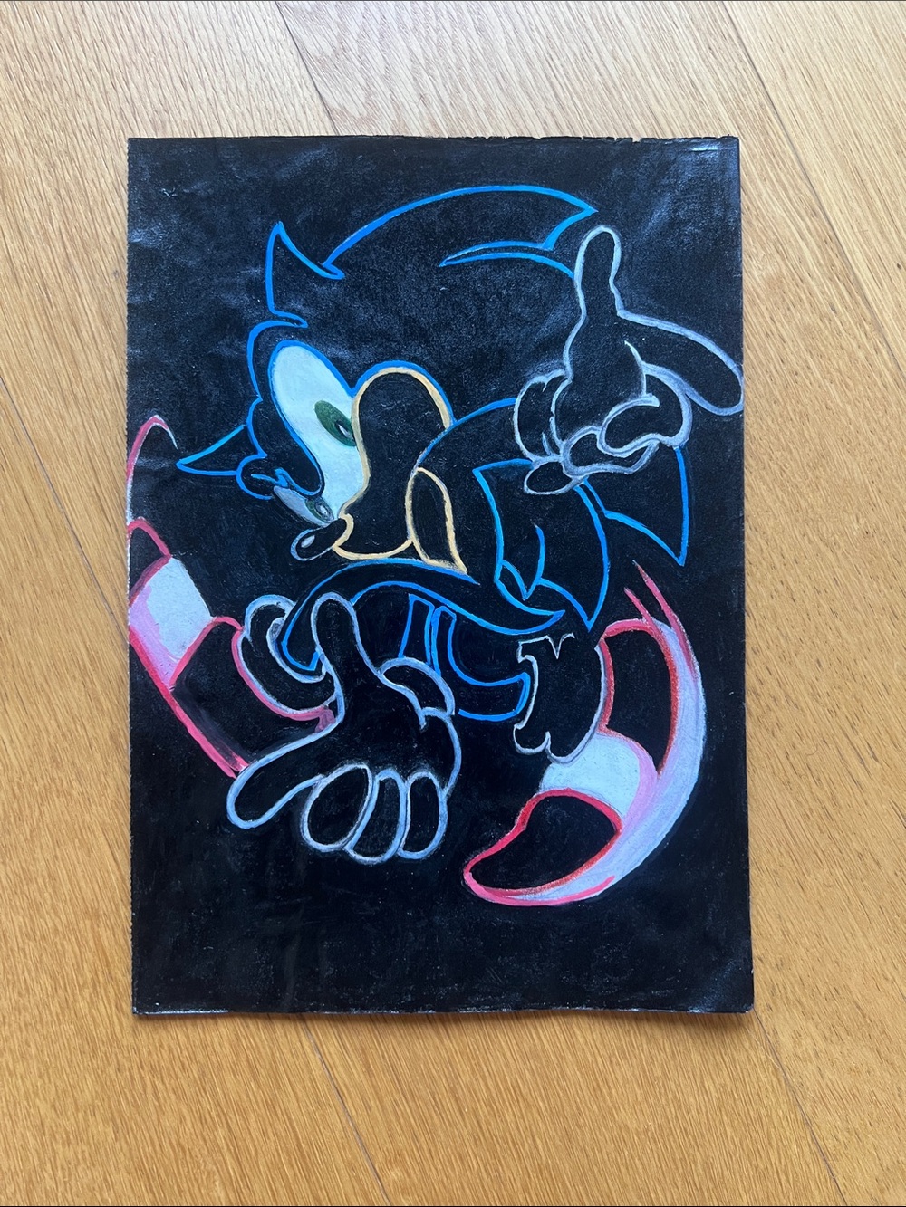 Black Neon Sonic-Inspired Chalk Art Print - Multicolor Accents